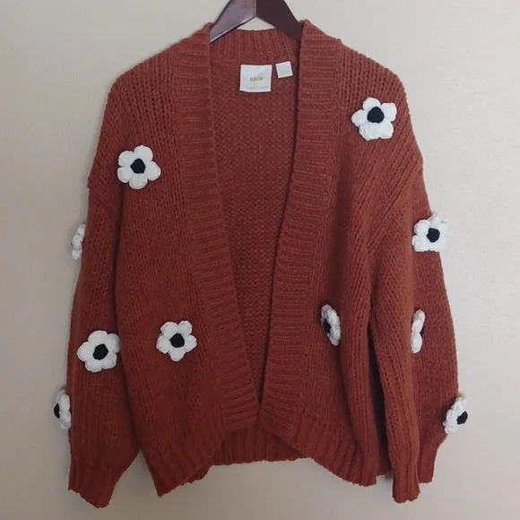 Maeve Anthropologie Chunky 3D Floral Knit Cardigan Sweater OS Boho Oversized - Picture 3 of 16
